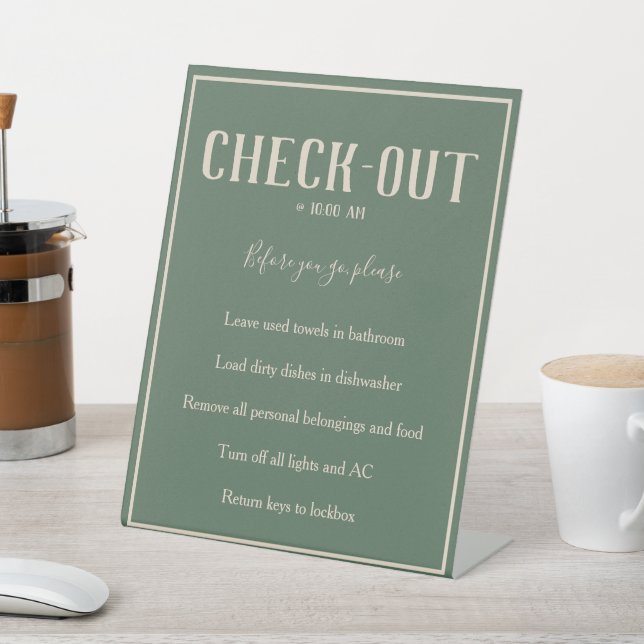 Rustic Bohemian Green Guest Check Out Table Sign (In SItu)