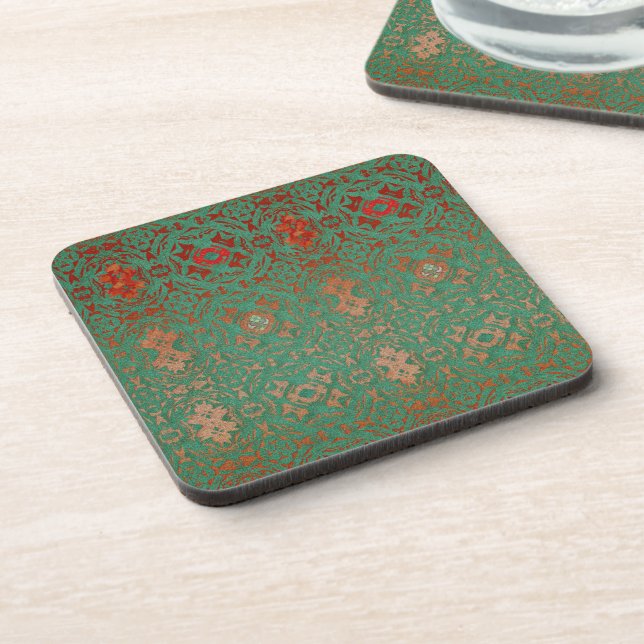 Rustic Bohemian Jade and Red Pattern Coaster (Left Side)