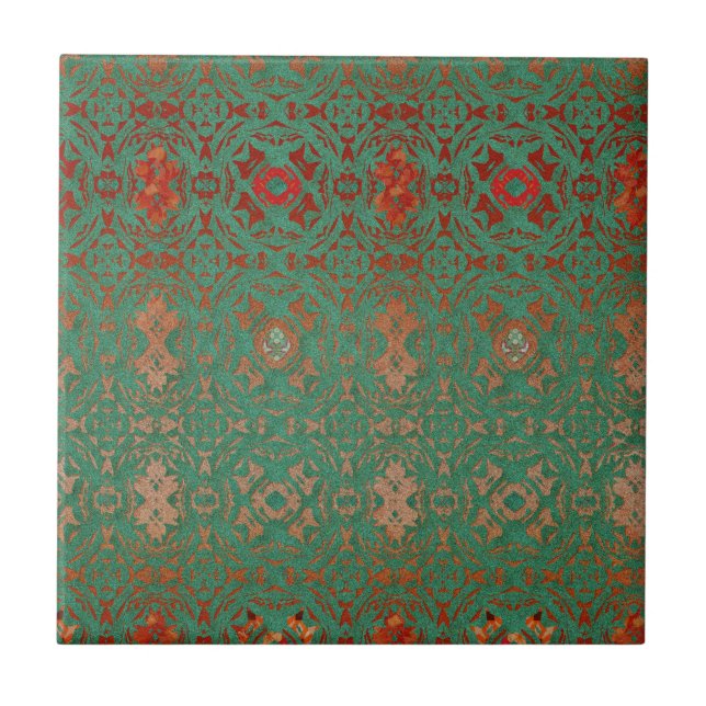 Rustic Bohemian Jade and Red Pattern Tile (Front)