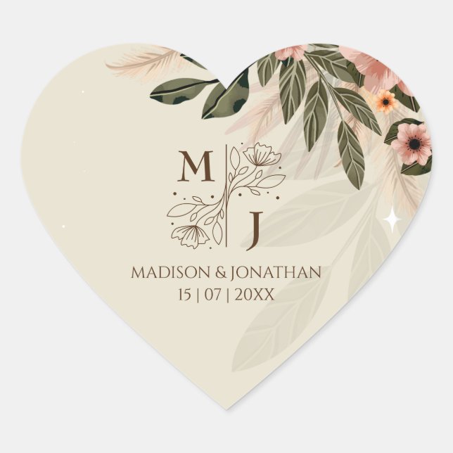 Rustic Bohemian Minimalist Wedding Heart Sticker (Front)