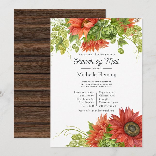Rustic Bohemian Red Sunflower Shower by Mail Invitation (Front/Back)