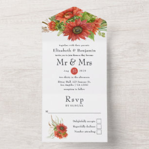 Rustic Bohemian Red Sunflowers Wedding All In One All In One Invitation