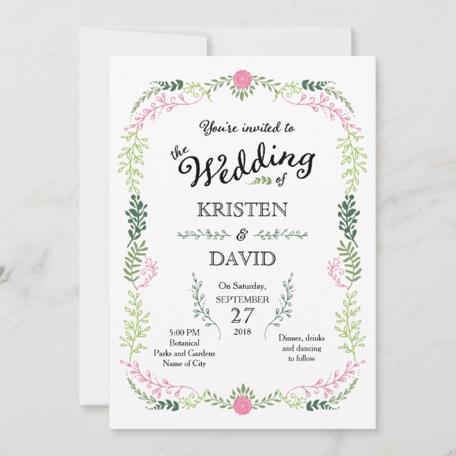 Rustic Bohemian Spring Foliage Wreath Wedding Invitation (Front)