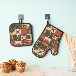 Rustic Bohemian Star Pattern Oven Mitt & Pot Holder Set