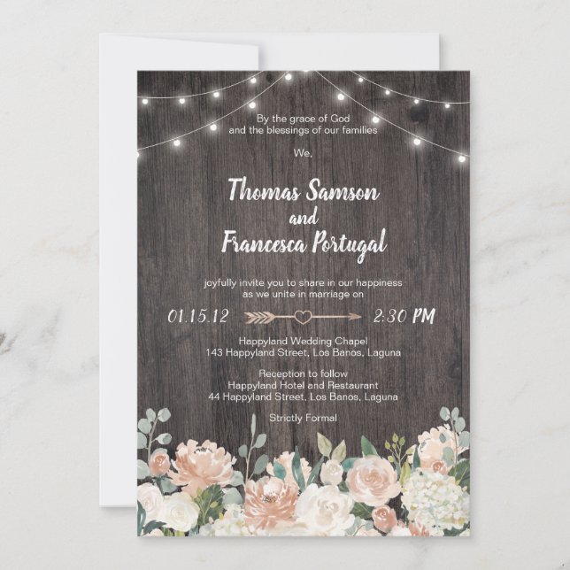 Rustic Bohemian String Lights Floral Invitation (Front)