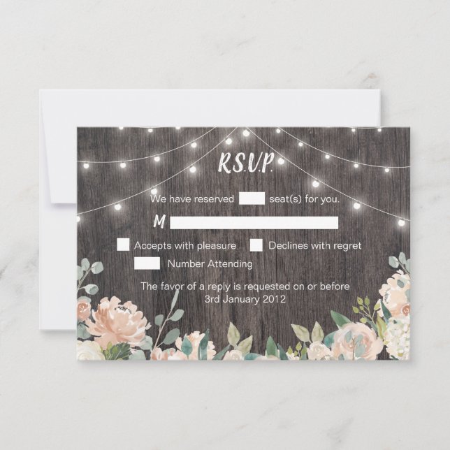 Rustic Bohemian String Lights Floral Wedding RSVP Card (Front)