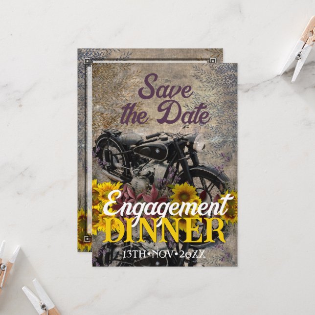 Rustic Bohemian Sunflower Motorbike Dinner Party Invitation (Front/Back In Situ)