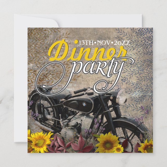 Rustic Bohemian Sunflower Motorcycle Dinner Party Invitation (Front)