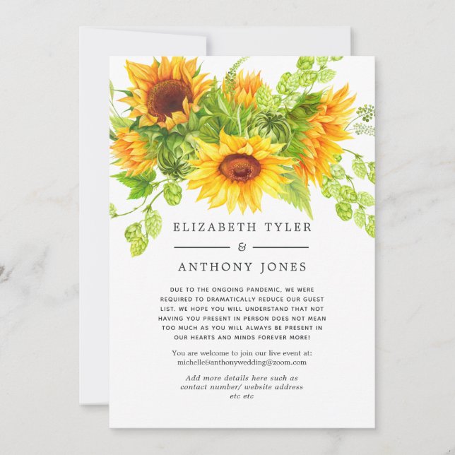 Rustic Bohemian Sunflowers Reduced Guest List Announcement (Front)
