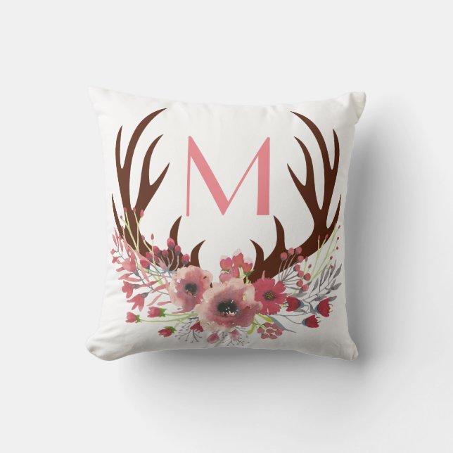 Rustic Bohemian Watercolor Floral Deer Antlers Cushion (Front)