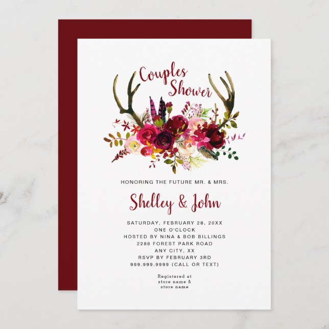 Rustic Boho Antler Burgundy Floral Couples Shower Invitation (Front/Back)