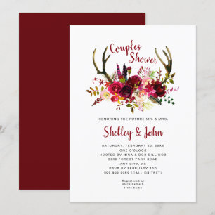 Rustic Boho Antler Burgundy Floral Couples Shower Invitation