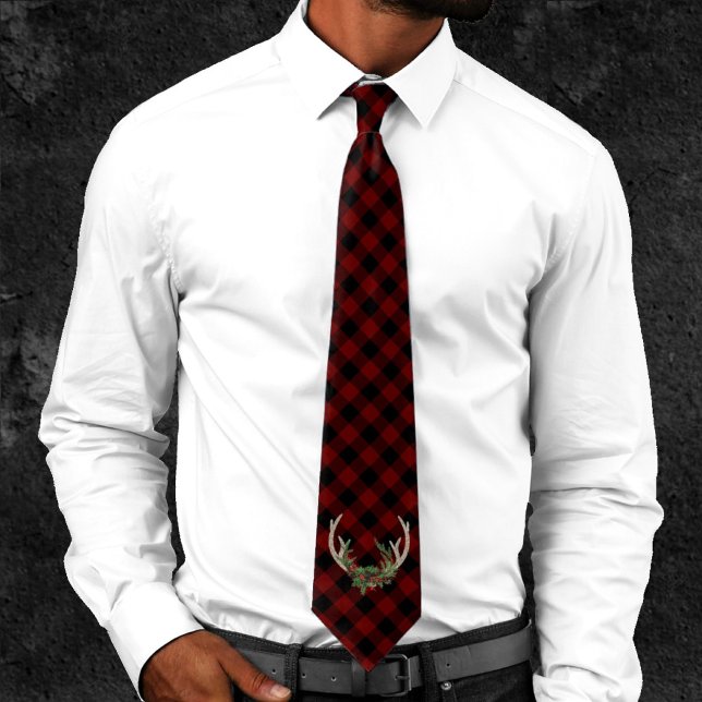 Rustic Boho Antlers Floral Buffalo Red Black Plaid Tie (Creator Uploaded)