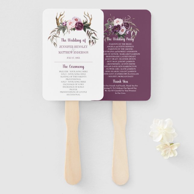 Rustic Boho Antlers Purple Plum Peonies Wedding Hand Fan (Front and Back)