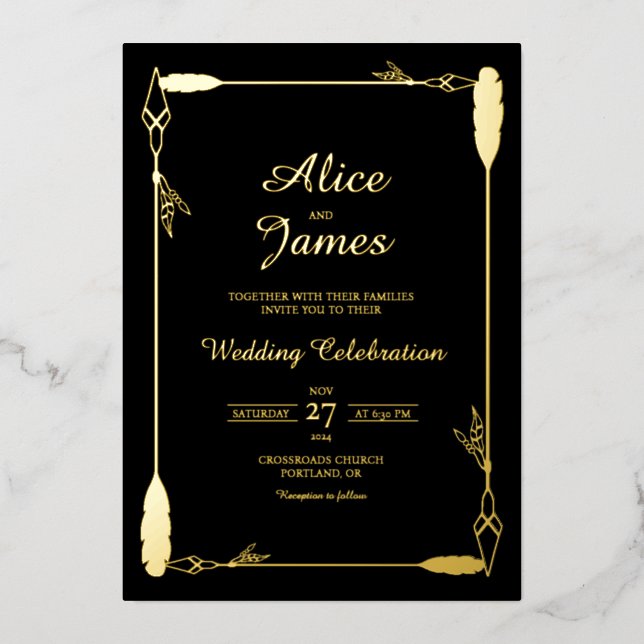 Rustic Boho Arrow Elegant Black Gold Foil Wedding (Front)