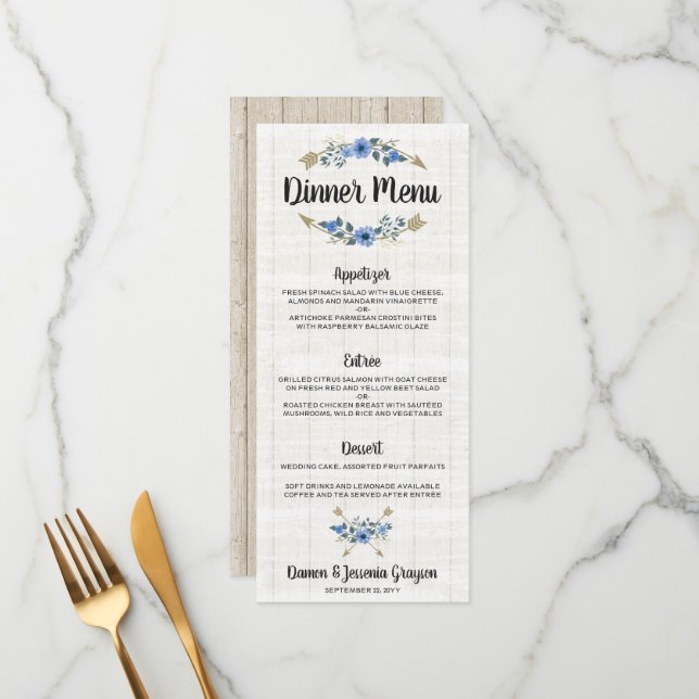Rustic Boho Arrows & Floral Wedding Dinner Menu (Front/Back In Situ)