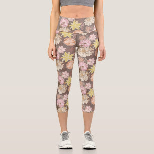 Rustic Boho Asphalt Floral Pattern Capri Leggings