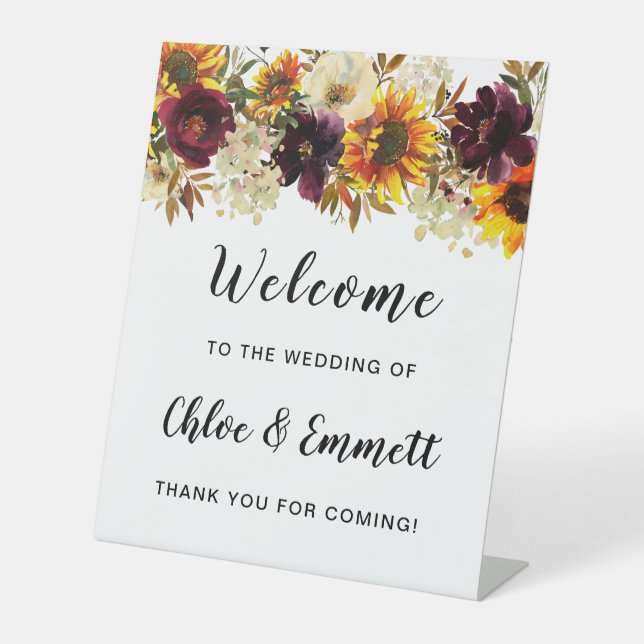 Rustic Boho Autumn Floral Wedding Welcome  Pedestal Sign (Front)