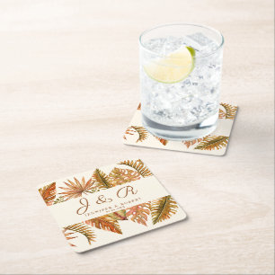 Rustic Boho Autumn Foliage Monogram Wedding Square Paper Coaster