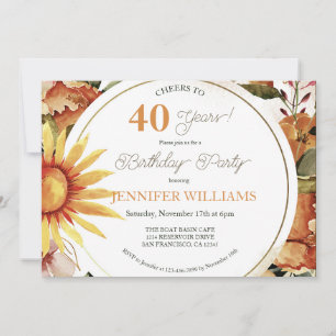 Rustic Boho Autumn Sunflower 40th Birthday Party Invitation