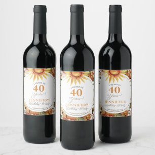 Rustic Boho Autumn Sunflower 40th Birthday Party   Wine Label