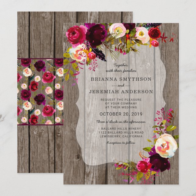 Rustic Boho Barn Wood burgundy floral wedding Invitation (Front/Back)