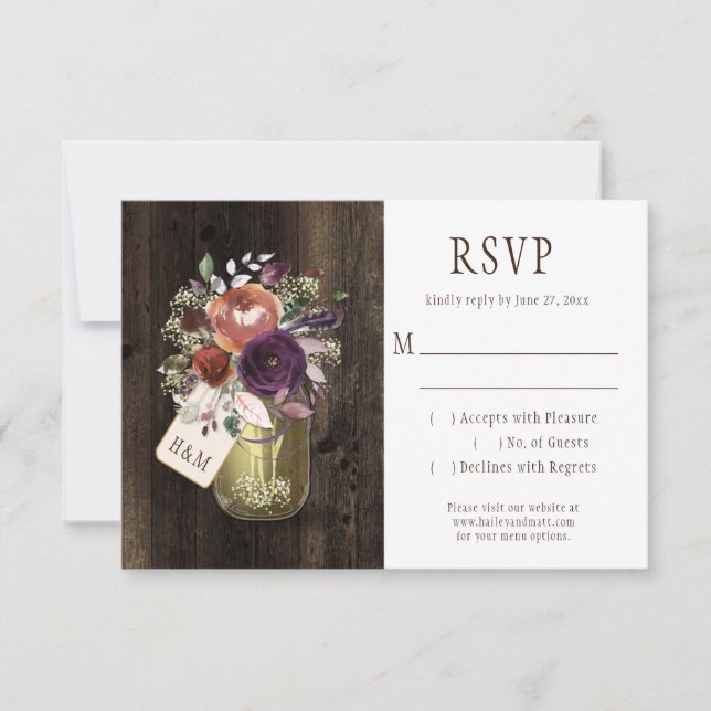 Rustic Boho Barn Wood Mason Jar Purple Floral RSVP (Front)