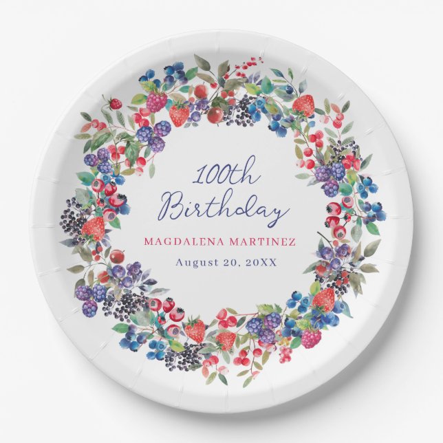 Rustic Boho Berry Summer 100th Birthday Custom Paper Plate (Front)