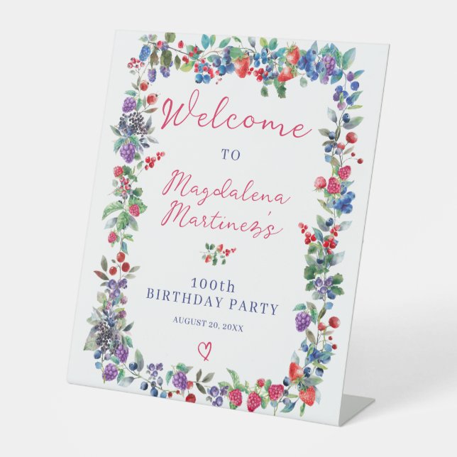 Rustic Boho Berry Summer 100th Birthday Welcome Pedestal Sign (Front)