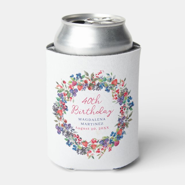 Rustic Boho Berry Summer 40th Birthday Custom Can Cooler (Can Front)