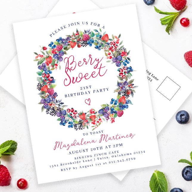 Rustic Boho Berry Sweet Summer 21st Invitation Postcard (Creator Uploaded)