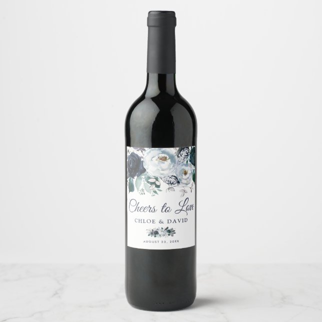 Rustic Boho Blue Floral Cheers to Love Wine Label (Front)