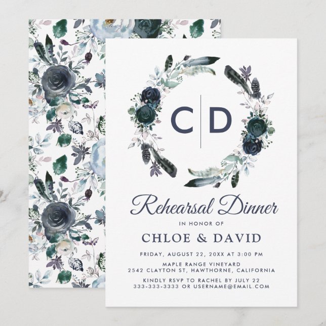 Rustic Boho Blue Floral Rehearsal Dinner Invitation (Front/Back)