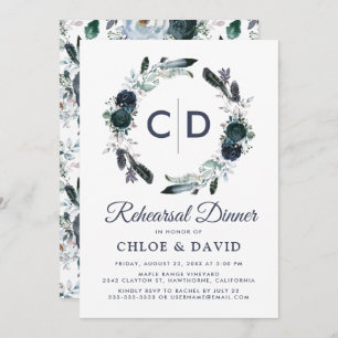 Rustic Boho Blue Floral Rehearsal Dinner Invitation