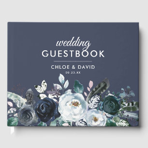 Rustic Boho Blue Floral Watercolor Wedding Guest Book