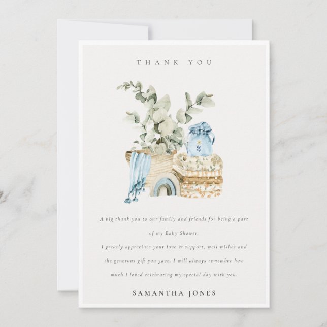 Rustic Boho Blue Nursery Foliage Boy Baby Shower Thank You Card (Front)
