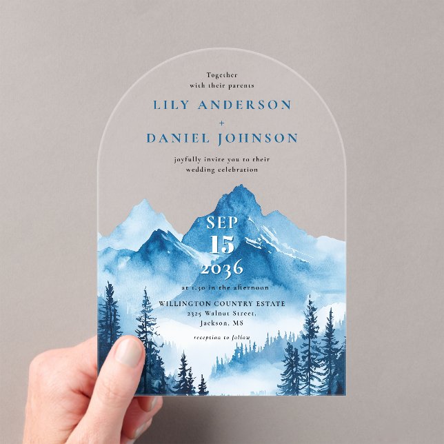 Rustic Boho Blue Watercolor Mountain Wedding Acrylic Invitations (Insitu (Handheld))