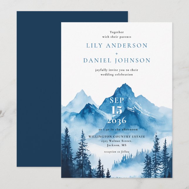 Rustic Boho Blue Watercolor Mountain Wedding Invitation (Front/Back)
