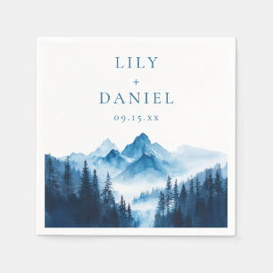 Rustic Boho Blue Watercolor Mountains Wedding Napkin