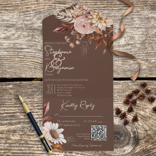 Rustic Boho Blush Neutrals Floral Brown QR Code All In One Invitation
