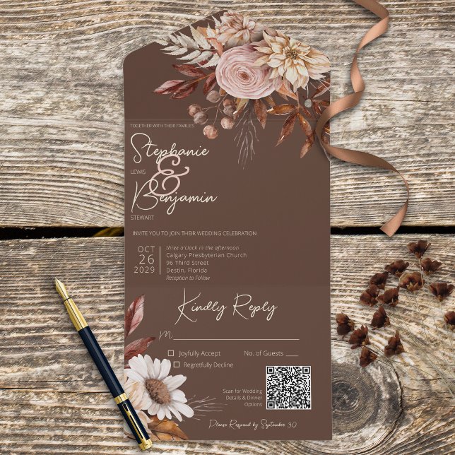 Rustic Boho Blush Neutrals Floral Brown QR Code All In One Invitation (Creator Uploaded)