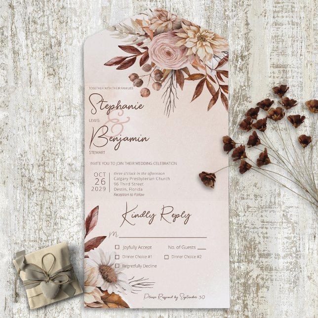 Rustic Boho Blush Neutrals Floral Tan Dinner All In One Invitation (Creator Uploaded)