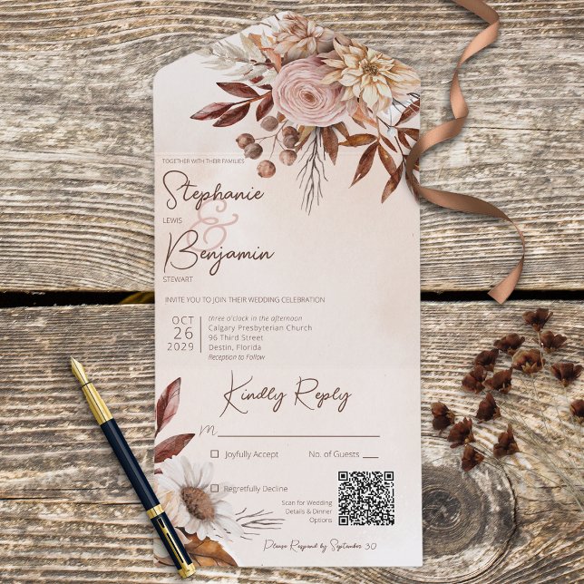 Rustic Boho Blush Neutrals Floral Tan QR Code All In One Invitation (Creator Uploaded)