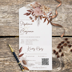 Rustic Boho Blush Neutrals Floral White QR Code All In One Invitation