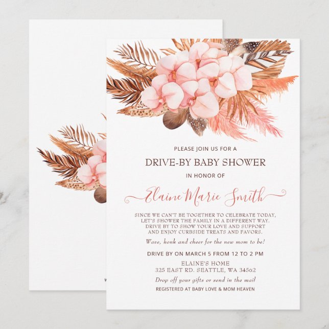 Rustic Boho Blush Pampas Drive By Baby Shower Invitation (Front/Back)
