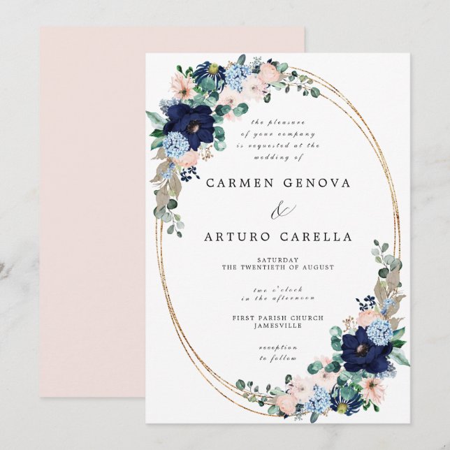 Rustic Boho Blush Pink Dusty Blue Floral Wedding I Invitation (Front/Back)