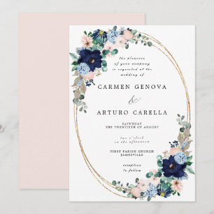 Rustic Boho Blush Pink Dusty Blue Floral Wedding I Invitation
