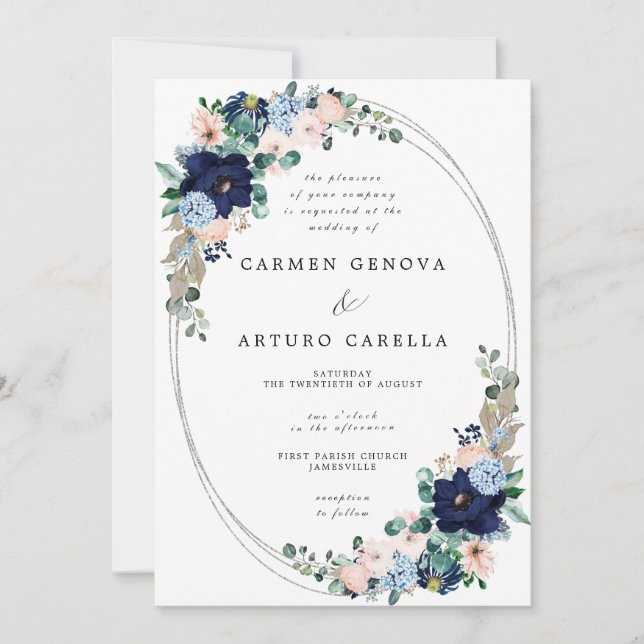 Rustic Boho Blush Pink Dusty Blue Floral Wedding  Invitation (Front)