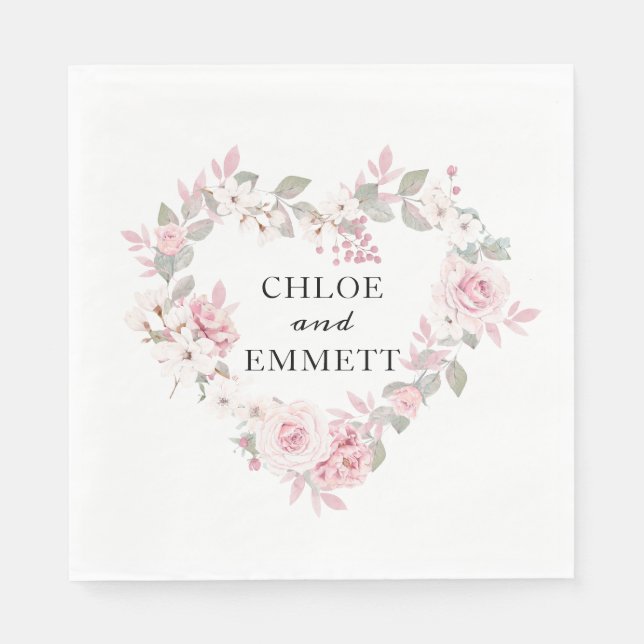 Rustic Boho Blush Pink Floral Botanical Heart Napkin (Front)