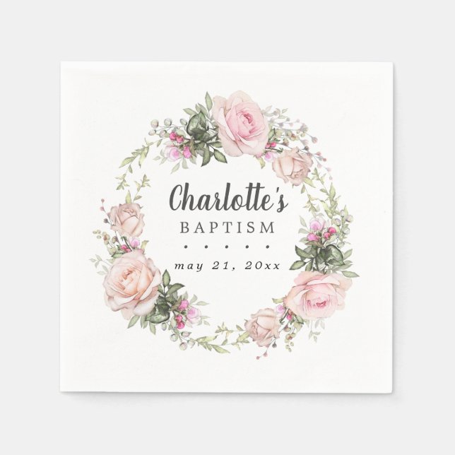 Rustic Boho Blush Pink Rose Floral Baptism Napkin (Front)